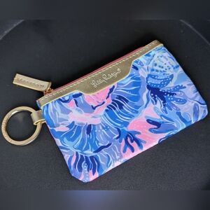 Lily Pulitzer Coin Purse ID Case Mini Wallet Shade Seeker Gold Trim Key Ring Zip